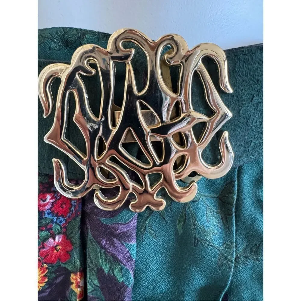 Susan Bristol green emerald floral A-line vintage 90’s women’s m skirt gold belt